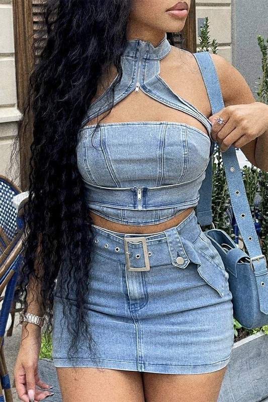 STRETCH DENIM MINI SKIRT SET