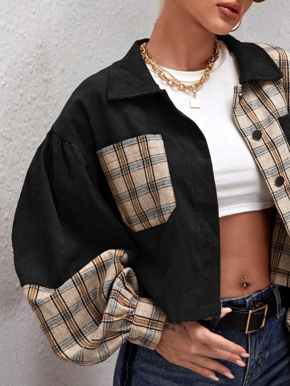 TARTAN PANEL CORDUROY CROP SHACKET