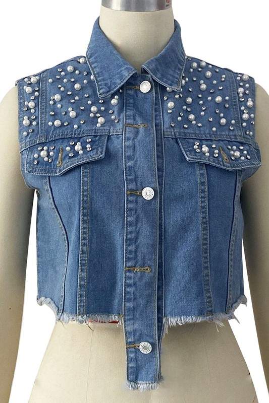 PEARL STUDS DENIM VEST JACKET