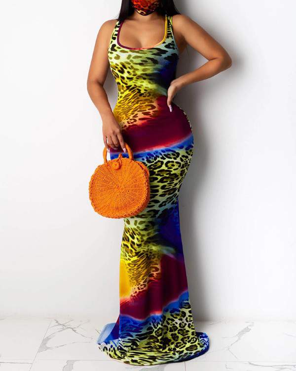 Cheetah Tie Dye Print Mermaid Sleeveless Maxi Dress