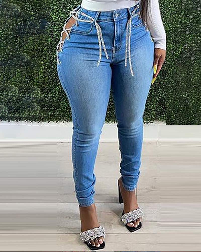 Eyelet Laceup Cutout High Waist Jeans