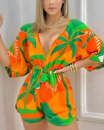 TROPICAL PRINT DRAWSTRING DEEP V NECK ROMPER