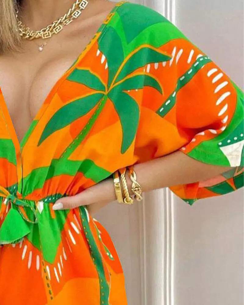 TROPICAL PRINT DRAWSTRING DEEP V NECK ROMPER