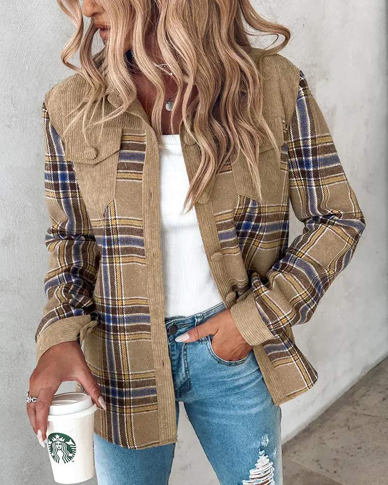 COLORBLOCK PLAID PRINT BUTTONED CORDUROY SHACKET