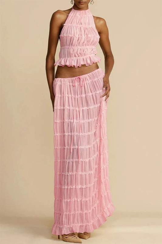 RUFFLED MESH LONG DRESS SET