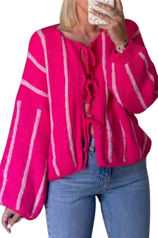 COZY STRIPE TIE FRONT KNIT CARDIGAN