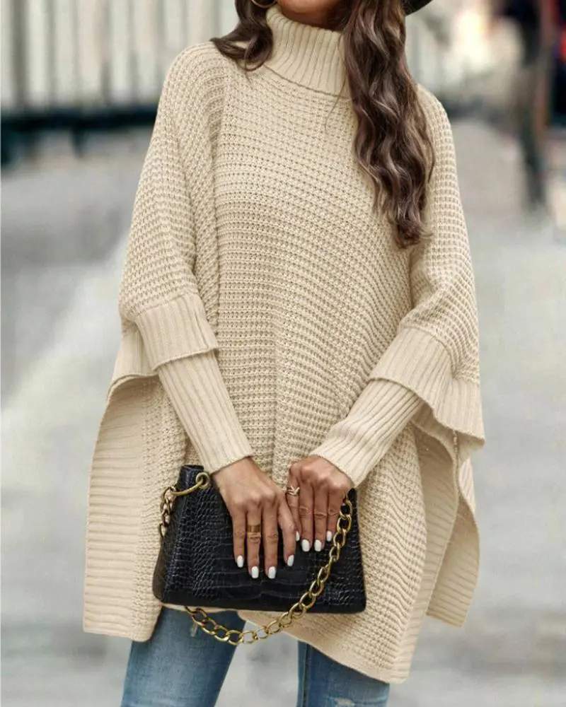 HIGH NECK KNIT PONCHO SWEATER