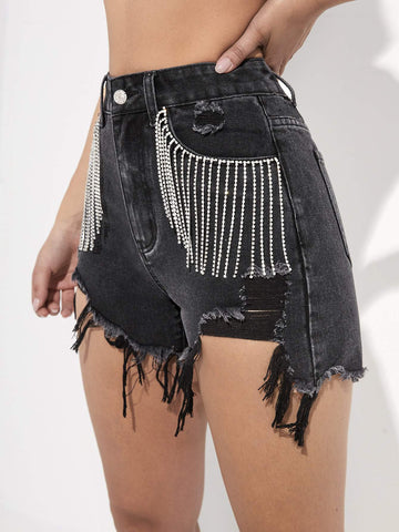 RHINESTONE FRINGE TRIM RAW HEM DENIM SHORTS