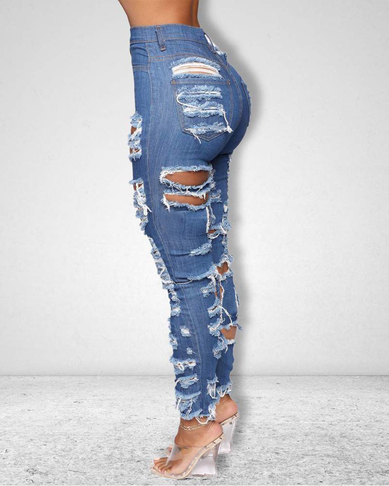 Zipper Fly Cutout Ripped Raw Hem Skinny Jeans