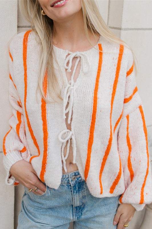 COZY STRIPE TIE FRONT KNIT CARDIGAN