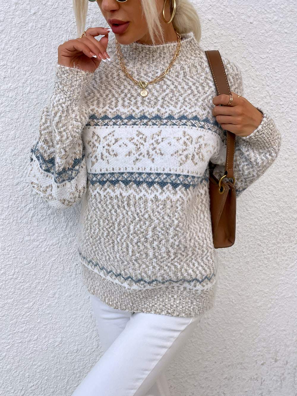  CHRISTMAS TURTLENECK HALF HIGH COLLAR SNOWFLAKE SWEATER WOMEN