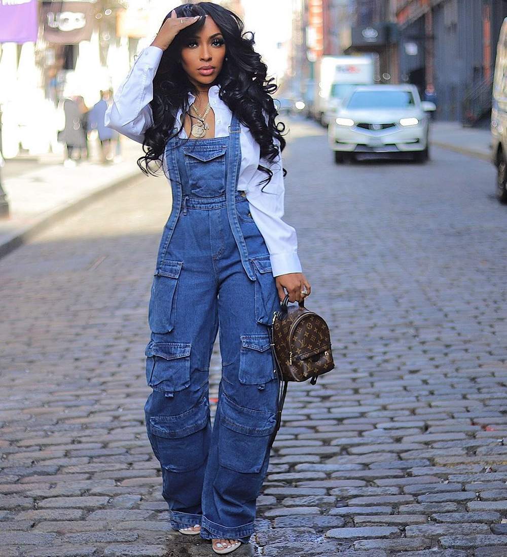 LOOSE DENIM SUSPENDERS  STREET FASHION MULTI POCKET JUMPSUIT