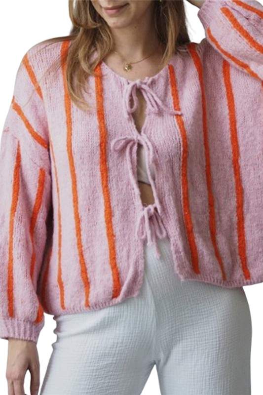 COZY STRIPE TIE FRONT KNIT CARDIGAN