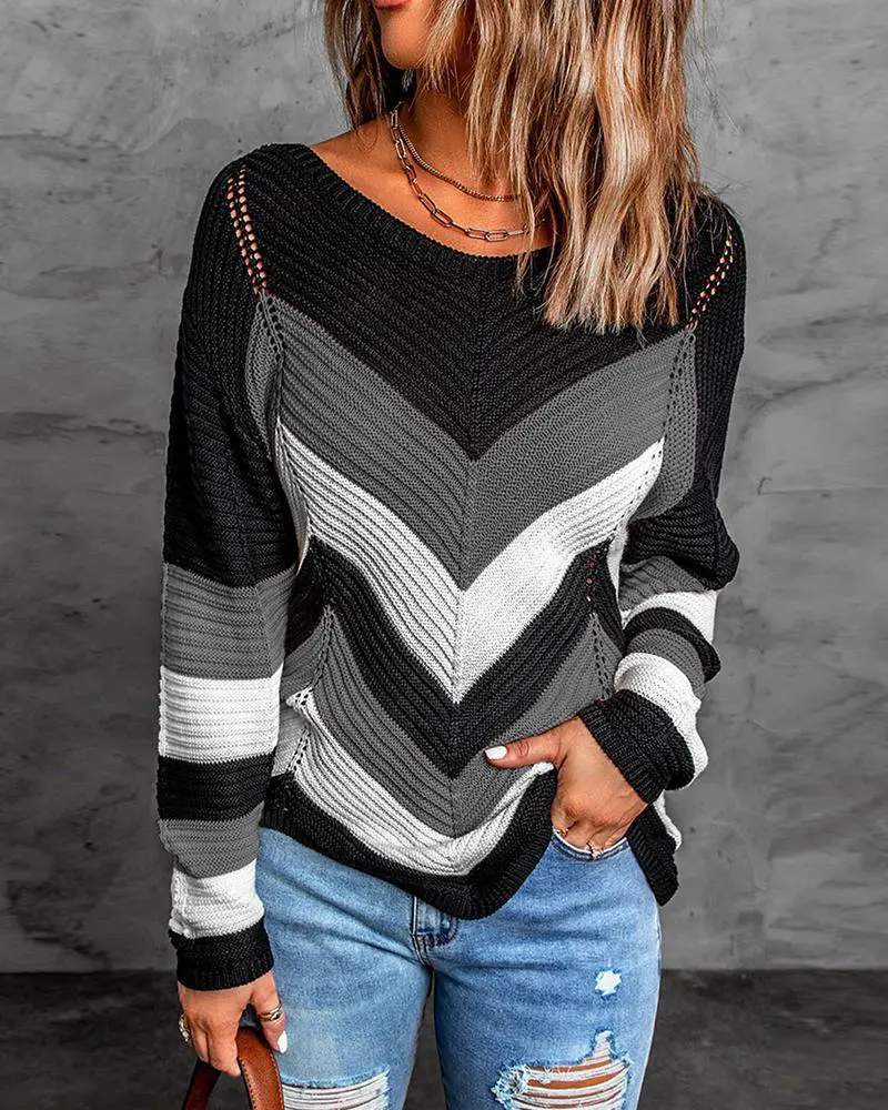 COLORBLOCK CHEVRON PATTERN LONG SLEEVE SWEATER