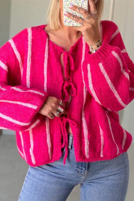 COZY STRIPE TIE FRONT KNIT CARDIGAN