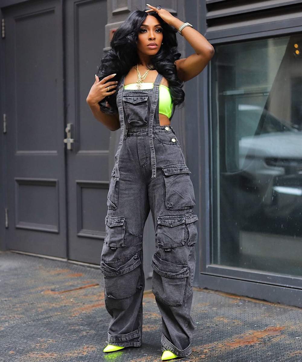 LOOSE DENIM SUSPENDERS  STREET FASHION MULTI POCKET JUMPSUIT