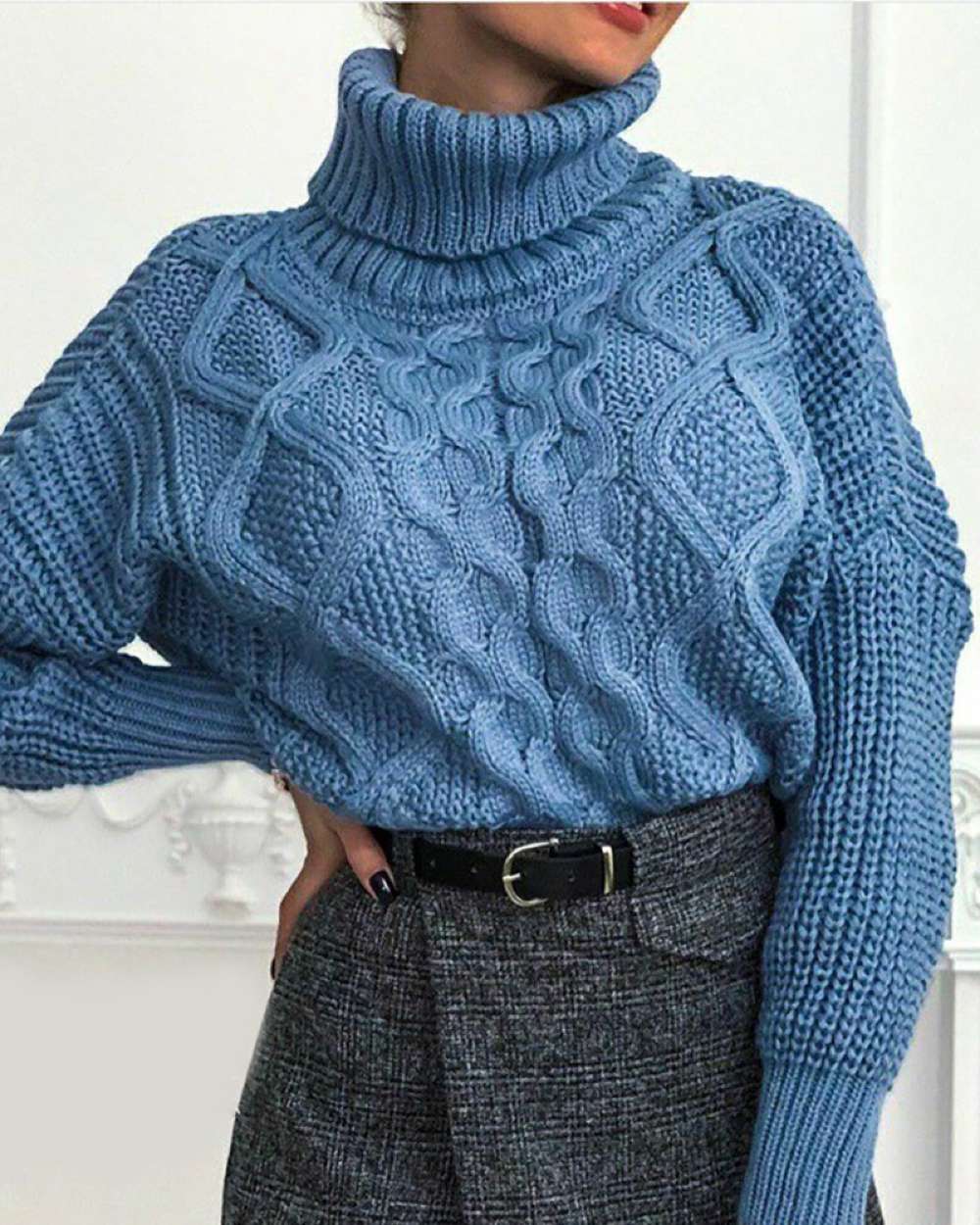 High Neck Solid Cable Knit Sweater