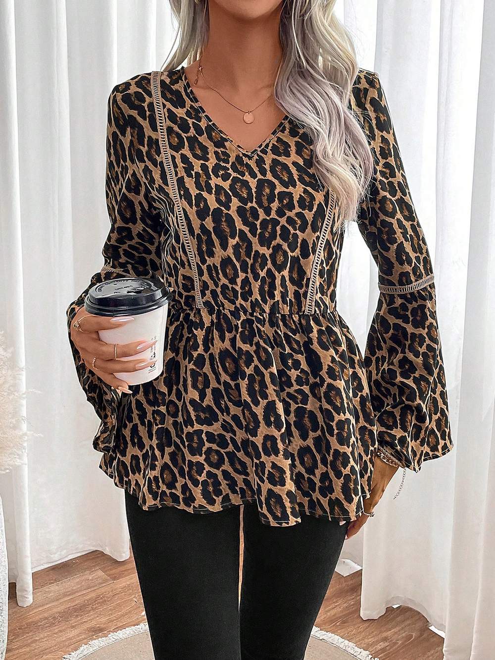 CLASI LEOPARD PRINT FLOUNCE SLEEVE PEPLUM BLOUSE