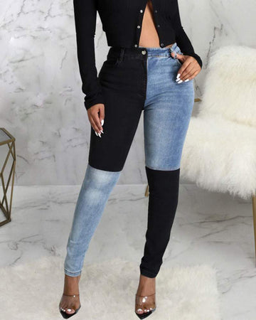 Colorblock Zipper Fly Slant Pocket Stretch Skinny Jeans