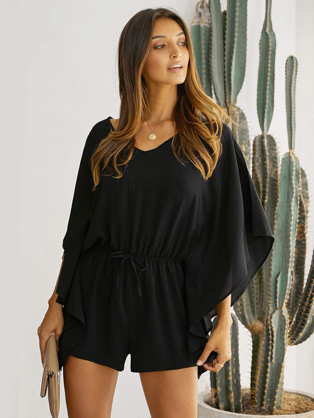 BATWING SLEEVE DRAWSTRING WAIST ROMPER