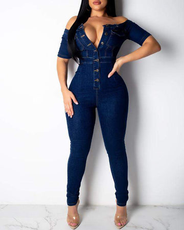 Off Shoulder VCut Button Front Denim Jumpsuit