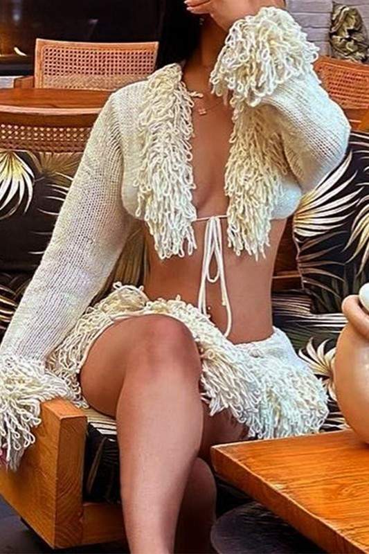 KNITTED FRINGES TOP AND SKIRT SET