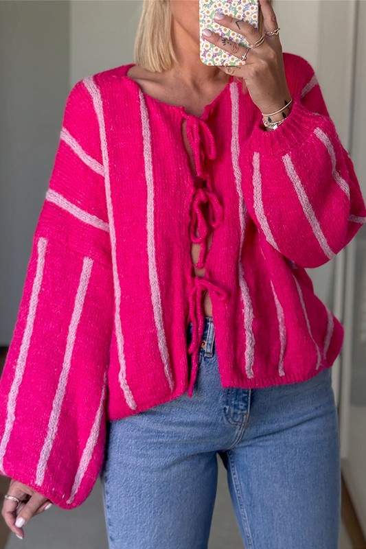 COZY STRIPE TIE FRONT KNIT CARDIGAN