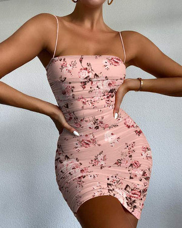 Floral Print Sheer Mesh Ruched Cami Bodycon Dress