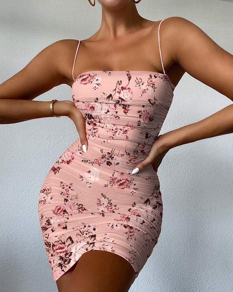 Floral Print Sheer Mesh Ruched Cami Bodycon Dress