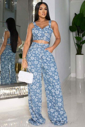 FLORAL DENIM PANTS SET