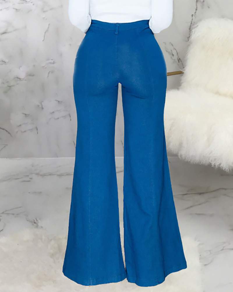 NEW High Waist Wide Leg Single Button Denim Pants