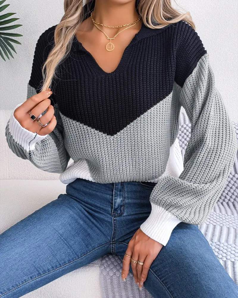 COLORBLOCK TURN DOWN COLLAR SWEATER