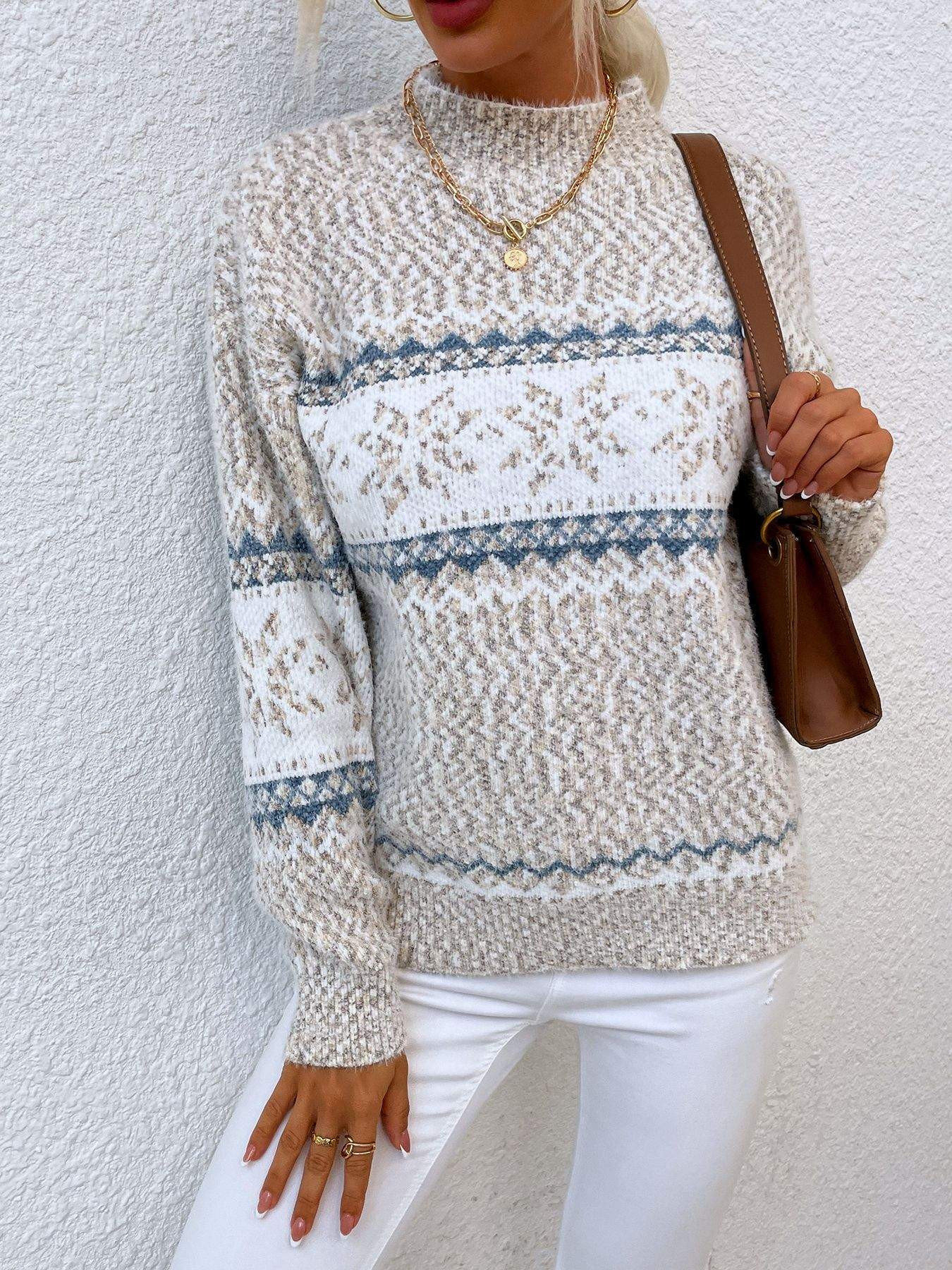  CHRISTMAS TURTLENECK HALF HIGH COLLAR SNOWFLAKE SWEATER WOMEN