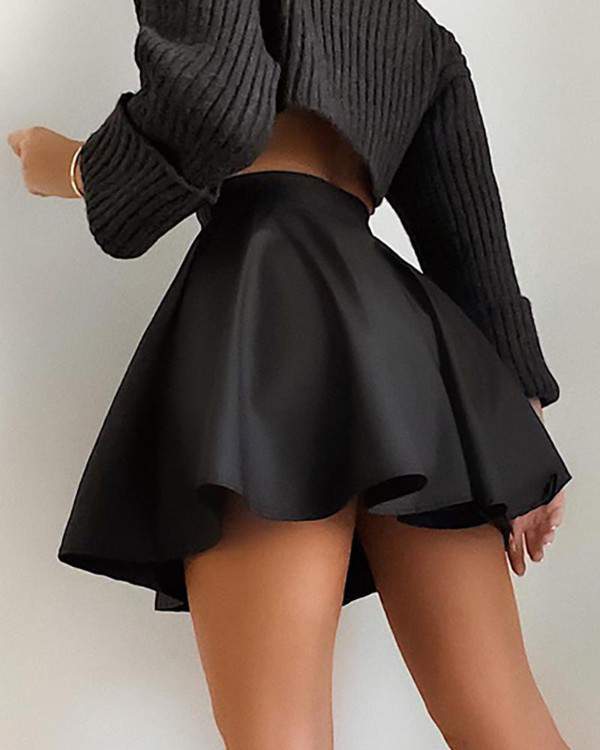 High Waist Ruched PU Leather Skirt