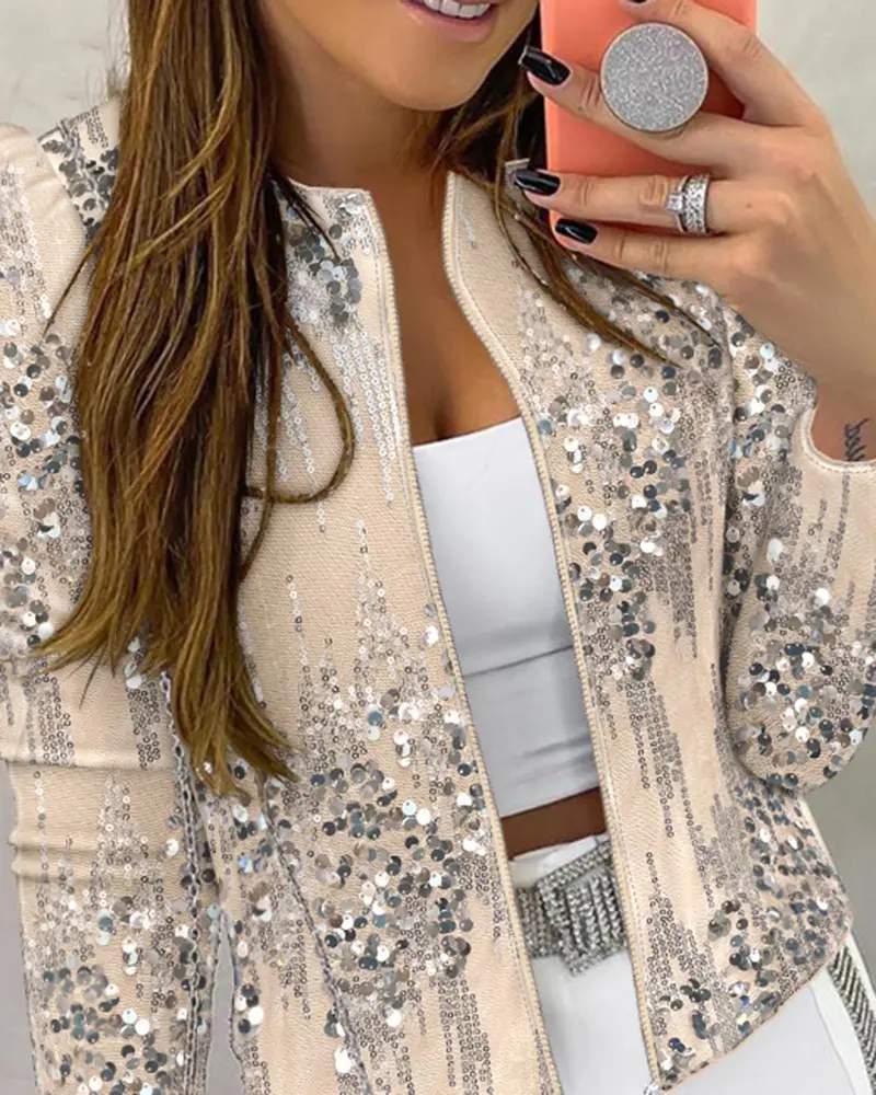 O NECK LONG SLEEVE ZIP UP SEQUIN COAT