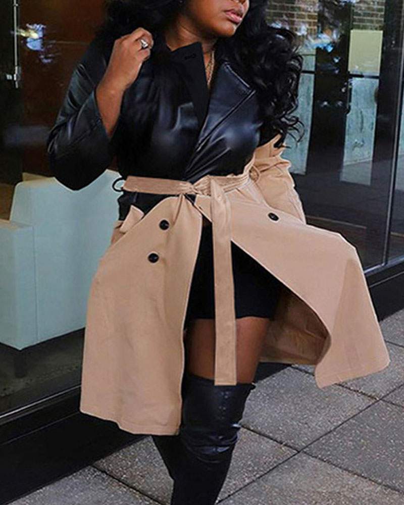 Colorblock PU Leather Double Breasted Belted Trench Coat