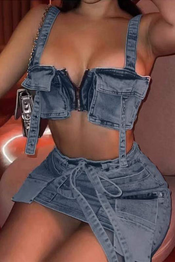 DENIM CROP TOP AND SKIRT SET