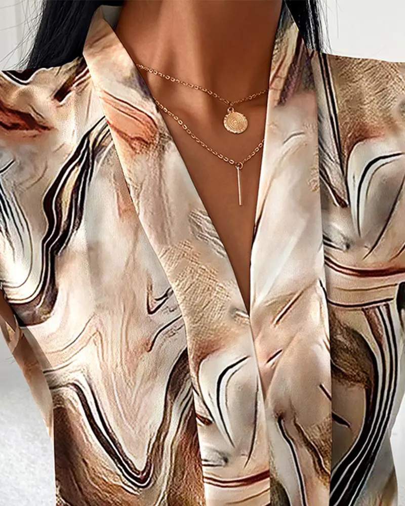 MARBLE PRINT V NECK CASUAL SATIN TOP