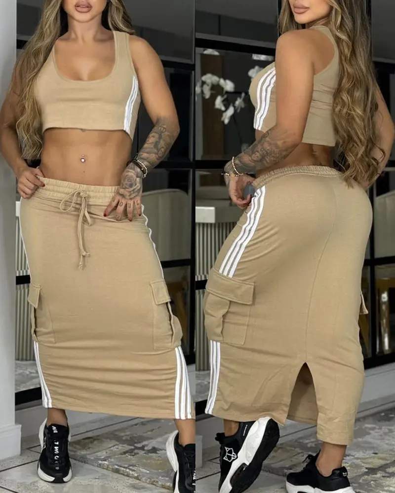 STRIPED TAPE PATCH BANDEAU CROP TOP SLIT CARGO SKIRT SET