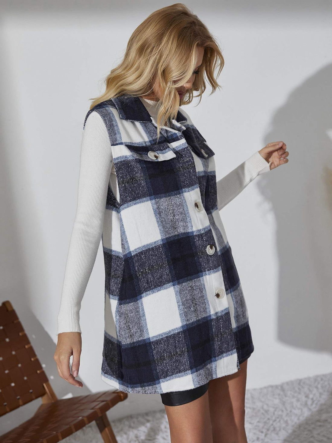 PLAID FLAP DETAIL SPLIT BACK VEST OVERCOAT