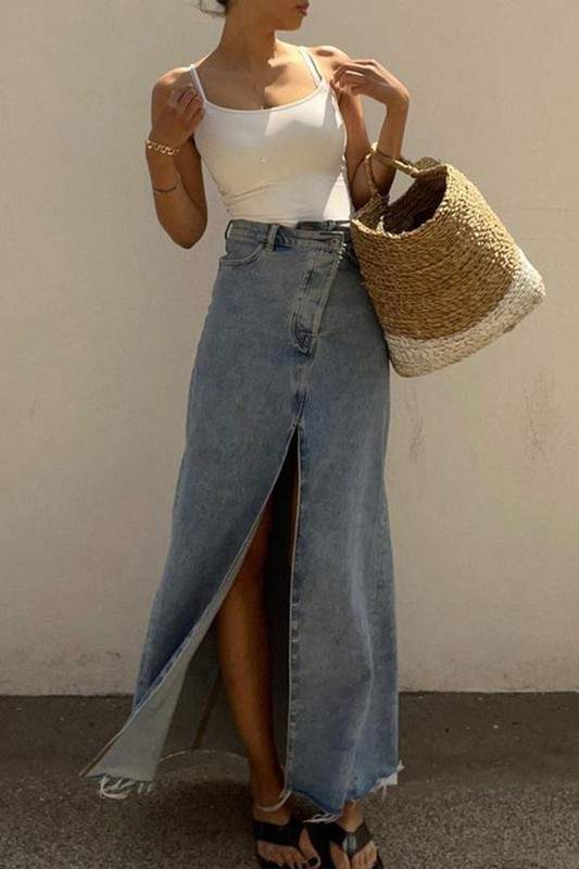 SPLIT DENIM LONG SKIRT