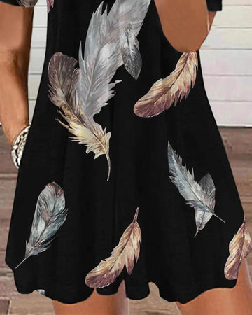 FEATHER PRINT COLD SHOULDER POCKET DESIGN CASUAL DRESS