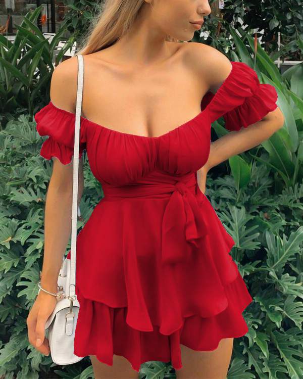 Solid Ruffles Hem Strap Short Sleeve Cold Shoulder Mini Dress