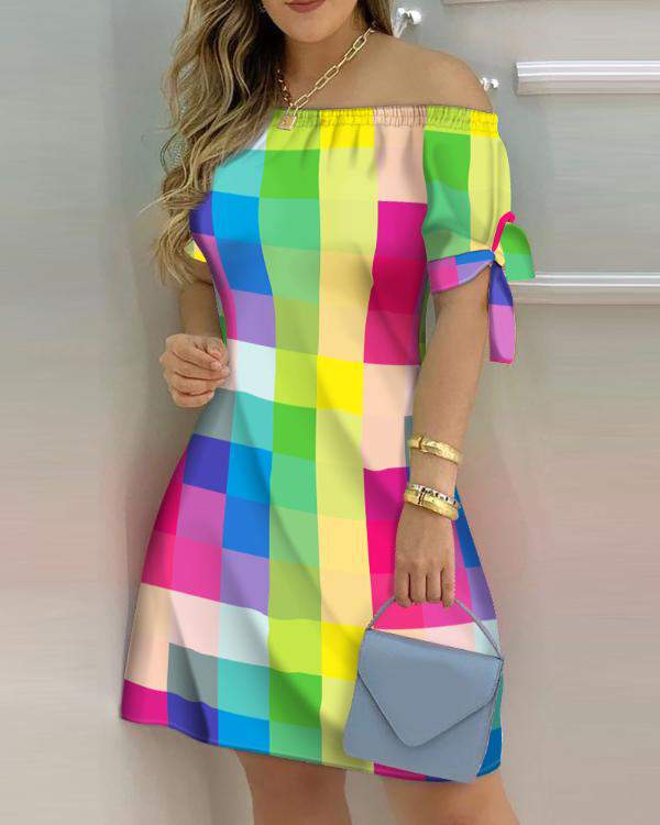 Ombre Colorblock Off Shoulder Tie Detail Casual Dress