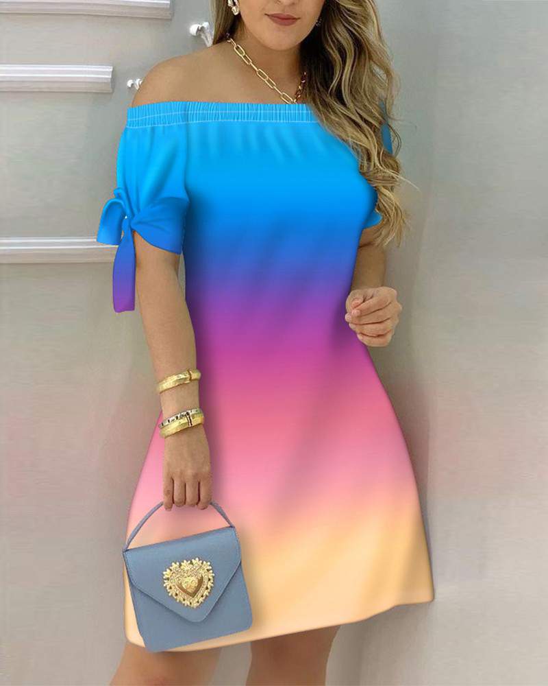 Ombre Colorblock Off Shoulder Tie Detail Casual Dress