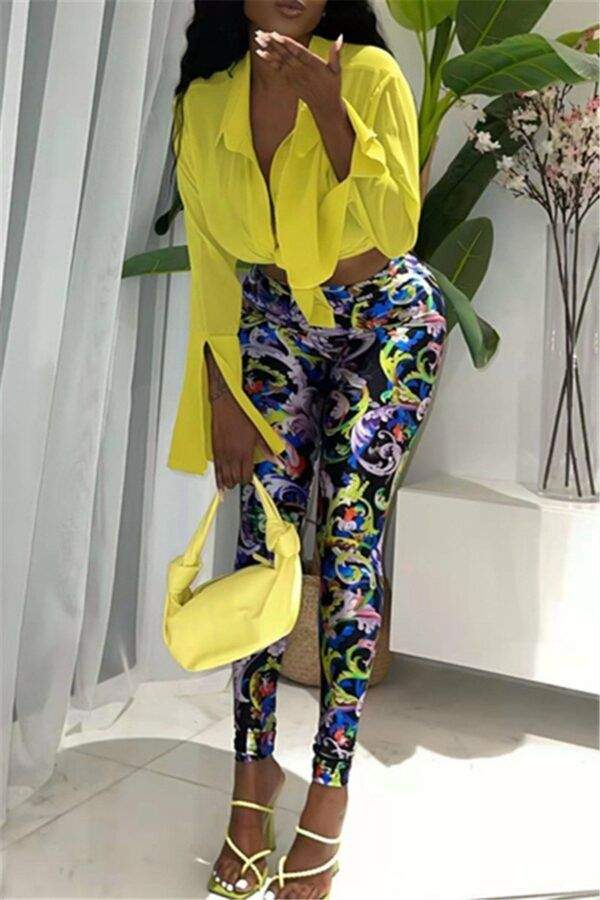 FLARED SLEEVE SELF TIE SHIRT AMP FLORAL PRINT LEGGINGS SET