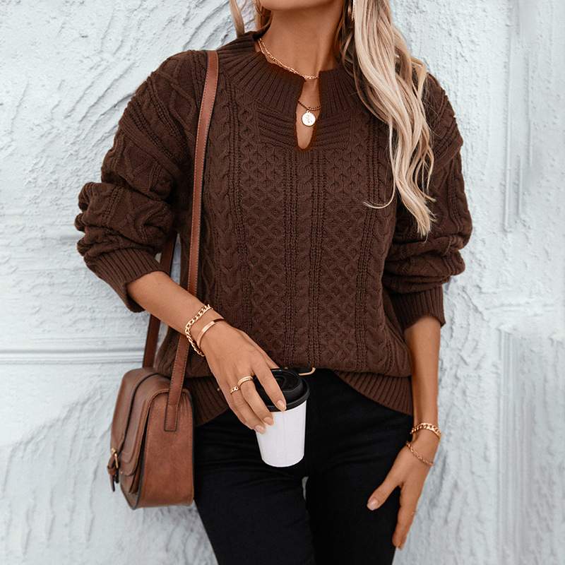 SWEATER KNITTED TWIST V NECK LOOSE CASUAL KNITTED SWEATER FOR WOMEN