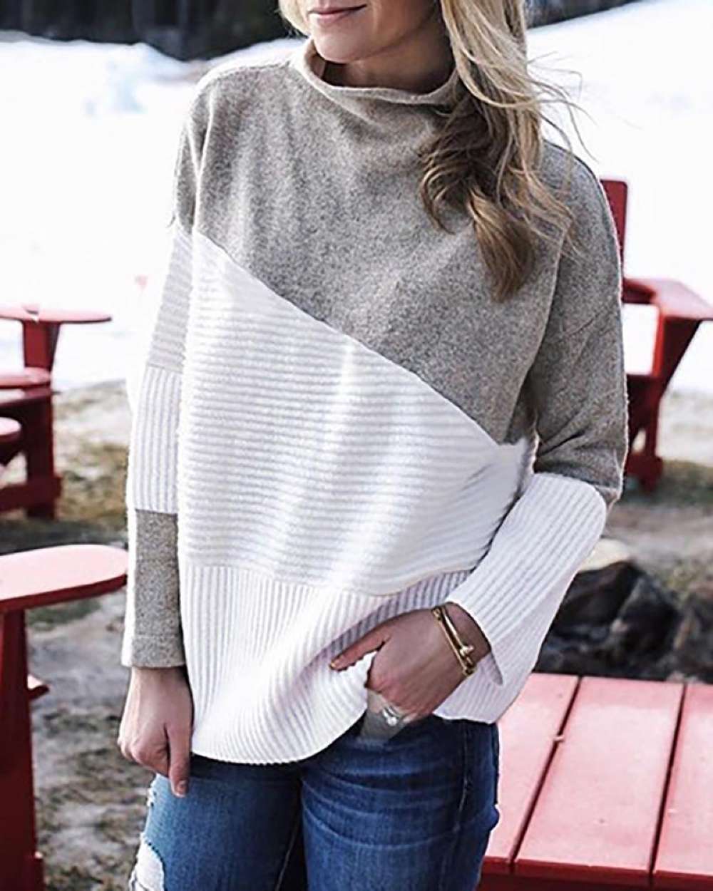 Colorblock Long Sleeve Knit Sweater