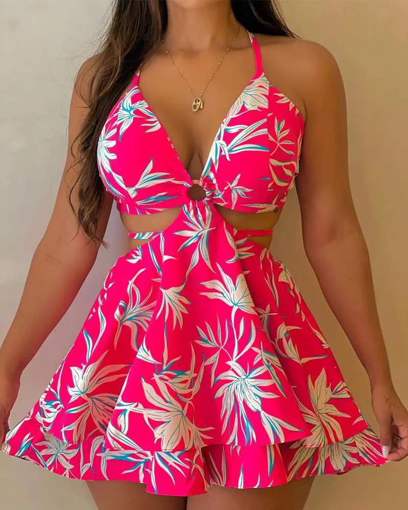 PLANTS PRINT O RING CRISS CROSS BACKLESS ROMPER