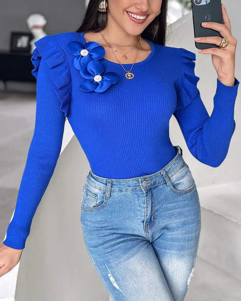 FLORAL DECOR RUFFLE HEM LONG SLEEVE KNIT SWEATER TOP